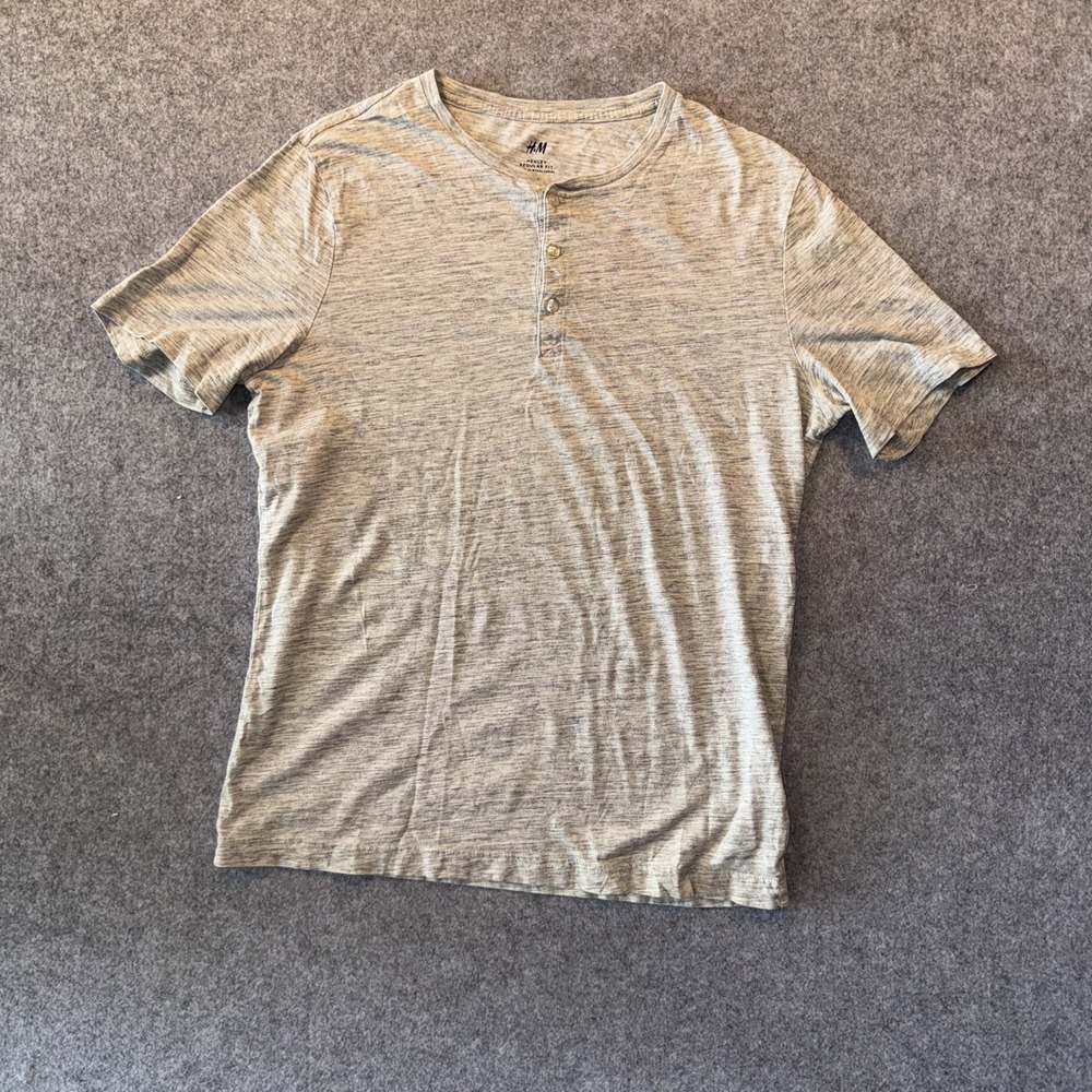 H&M Henley Regular Fit Shirt Medium Grey Marl Cotton Blend Short Sleeve‎